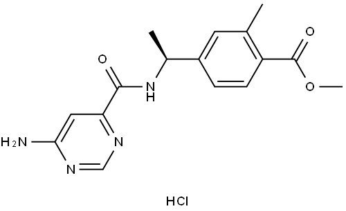 Benzoic acid, 4-[(1S)-1-[[(6-amino-4-pyrimidinyl)carbonyl]amino]ethyl]-2-methyl-, methyl ester, hydrochloride (1:1) Struktur