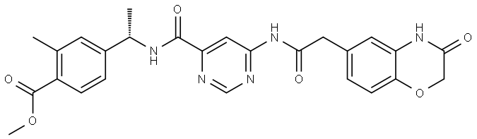 Benzoic acid, 4-[(1S)-1-[[[6-[[2-(3,4-dihydro-3-oxo-2H-1,4-benzoxazin-6-yl)acetyl]amino]-4-pyrimidinyl]carbonyl]amino]ethyl]-2-methyl-, methyl ester Struktur