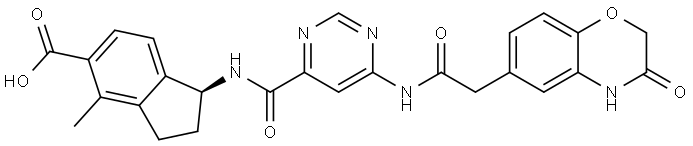 1H-Indene-5-carboxylic acid, 1-[[[6-[[2-(3,4-dihydro-3-oxo-2H-1,4-benzoxazin-6-yl)acetyl]amino]-4-pyrimidinyl]carbonyl]amino]-2,3-dihydro-4-methyl-, (1S)- Struktur