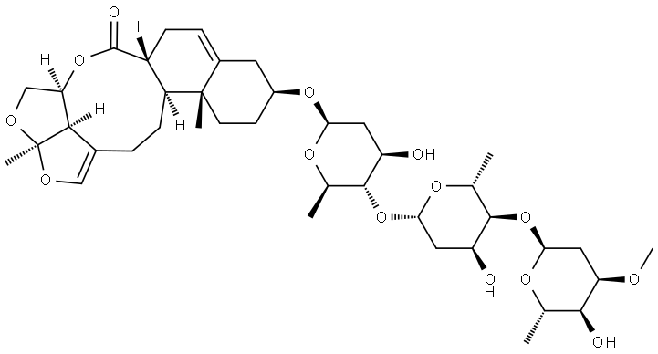 6H-2,3,5-Trioxapentaleno[1′,6′:5,6,7]cyclonona[1,2-a]naphthalen-6-one, 10-[(O-2,6-dideoxy-3-O-methyl-α-L-ribo-hexopyranosyl-(1→4)-O-2,6-dideoxy-β-D-ribo-hexopyranosyl-(1→4)-O-2,6-dideoxy-β-D-arabino-hexopyranosyl)oxy]-2a,4,4a,6a,7,9,10,11,12,12a,12b,13,14,14b-tetradecahydro-2a,12a-dimethyl-, (2aR,4aS,6aR,10S,12aR,12bS,14bR)- Struktur