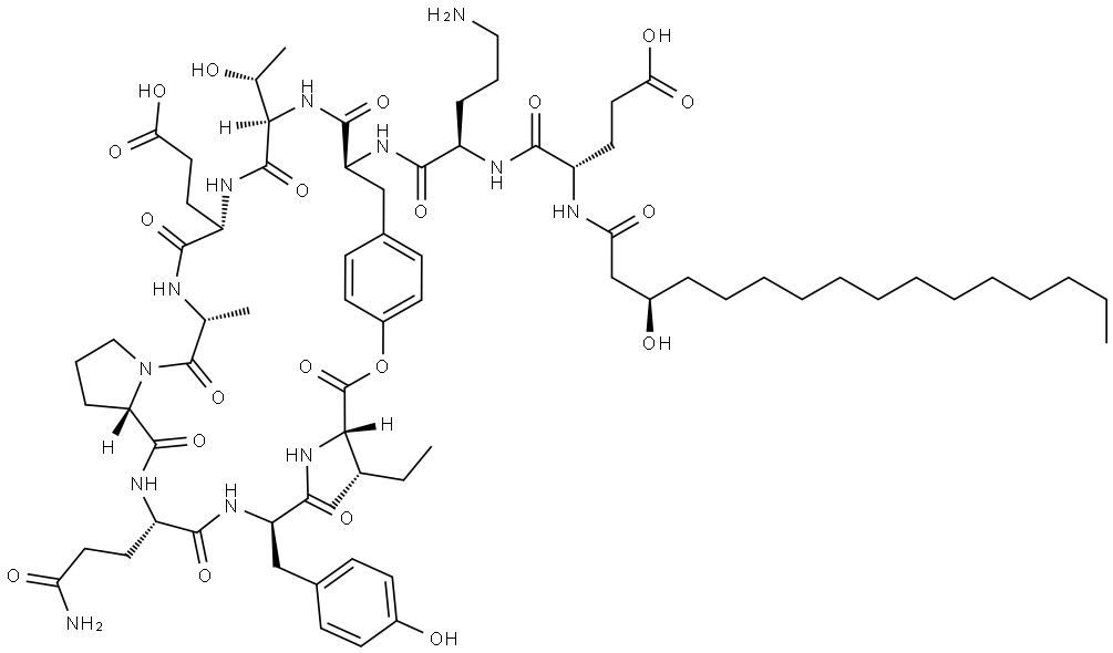 L-Isoleucine, N-[(3R)-3-hydroxy-1-oxohexadecyl]-L-α-glutamyl-D-ornithyl-L-tyrosyl-D-allothreonyl-L-α-glutamyl-D-alanyl-L-prolyl-L-glutaminyl-D-tyrosyl-, (10→3)-lactone Struktur