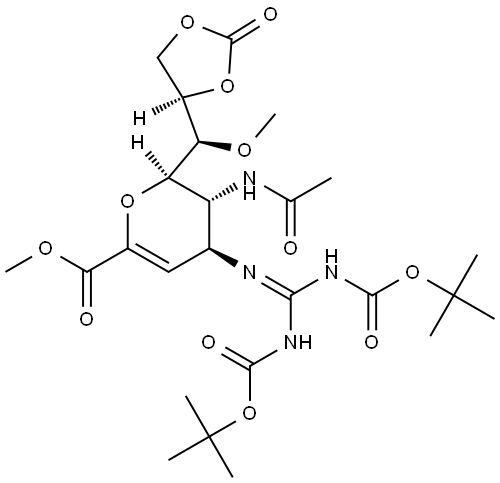 D-glycero-D-galacto-Non-2-enonic acid, 5-(acetylamino)-2,6-anhydro-4-[[bis[[(1,1-dimethylethoxy)carbonyl]amino]methylene]amino]-3,4,5-trideoxy-7-O-methyl-, methyl ester, cyclic 8,9-carbonate Struktur