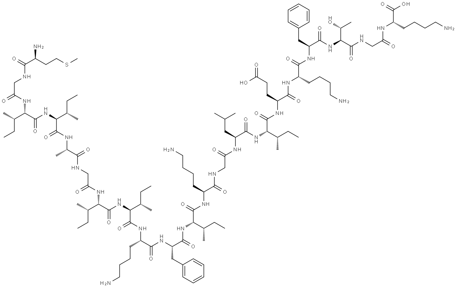 L-Lysine, L-methionylglycyl-L-isoleucyl-L-isoleucyl-L-alanylglycyl-L-isoleucyl-L-isoleucyl-L-lysyl-L-phenylalanyl-L-isoleucyl-L-lysylglycyl-L-leucyl-L-isoleucyl-L-α-glutamyl-L-lysyl-L-phenylalanyl-L-threonylglycyl- Struktur