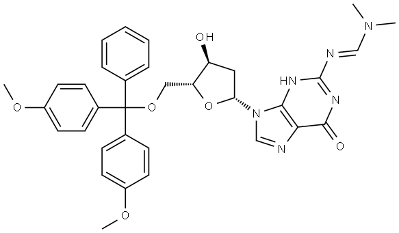 Guanosine, 5'-O-[bis(4-methoxyphenyl)phenylmethyl]-2'-deoxy-N-[(dimethylamino)methylene]-, [N(E)]- Struktur