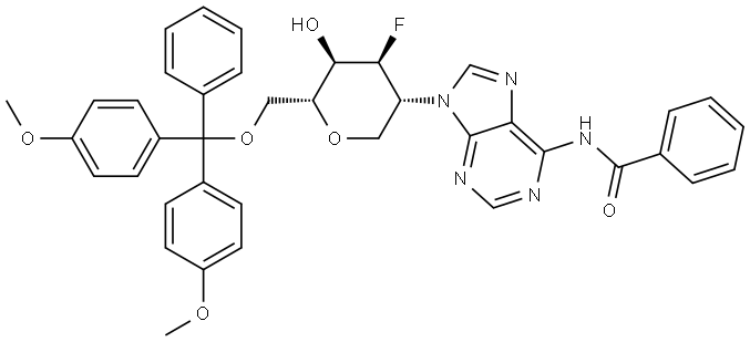 D-Altritol, 1,5-anhydro-2-[6-(benzoylamino)-9H-purin-9-yl]-6-O-[bis(4-methoxyphenyl)phenylmethyl]-2,3-dideoxy-3-fluoro- Struktur