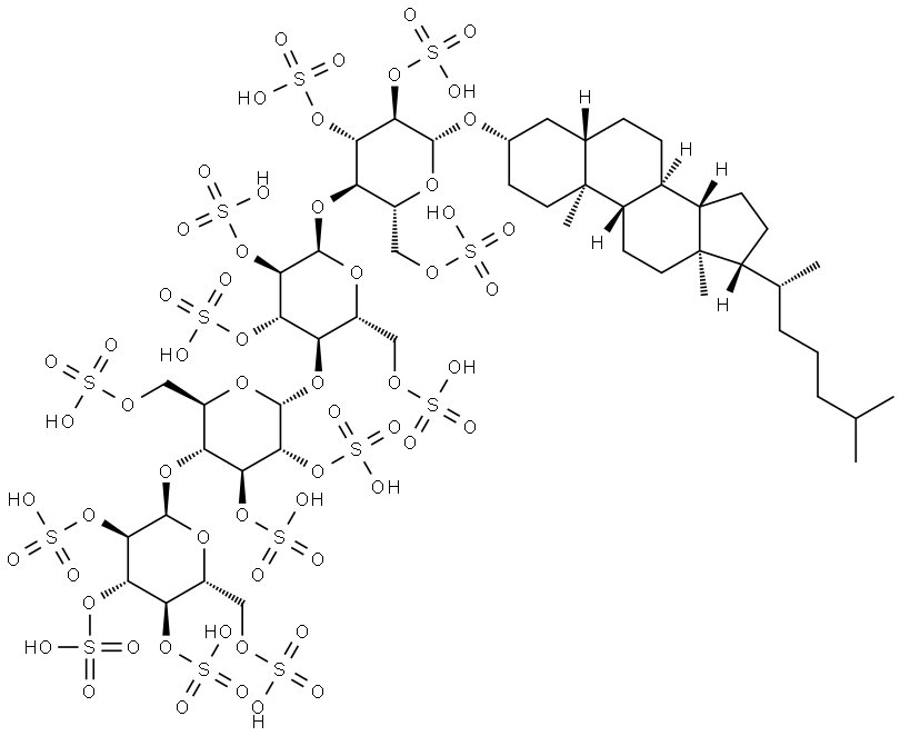 β-D-Glucopyranoside, (3β,5α)-cholestan-3-yl O-2,3,4,6-tetra-O-sulfo-α-D-glucopyranosyl-(1→4)-O-2,3,6-tri-O-sulfo-α-D-glucopyranosyl-(1→4)-O-2,3,6-tri-O-sulfo-α-D-glucopyranosyl-(1→4)-, 2,3,6-tris(hydrogen sulfate) Struktur