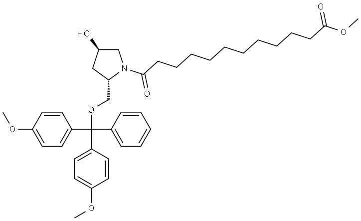 1-Pyrrolidinedodecanoic acid, 2-[[bis(4-methoxyphenyl)phenylmethoxy]methyl]-4-hydroxy-λ-oxo-, methyl ester, (2S,4R)- Struktur