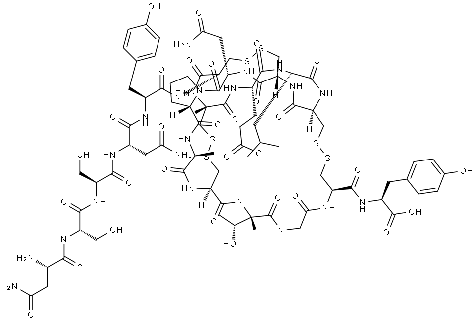 L-Tyrosine, L-asparaginyl-L-seryl-L-seryl-L-asparaginyl-L-tyrosyl-L-cysteinyl-L-cysteinyl-L-α-glutamyl-L-leucyl-L-cysteinyl-L-cysteinyl-L-asparaginyl-L-prolyl-L-alanyl-L-cysteinyl-L-threonylglycyl-L-cysteinyl-, cyclic (6→11),(7→15),(10→18)-tris(disulfide) Struktur