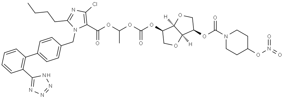 D-Mannitol, 1,4:3,6-dianhydro-, 2-[1-[[[2-butyl-4-chloro-1-[[2'-(2H-tetrazol-5-yl)[1,1'-biphenyl]-4-yl]methyl]-1H-imidazol-5-yl]carbonyl]oxy]ethyl carbonate] 5-[4-(nitrooxy)-1-piperidinecarboxylate] Struktur