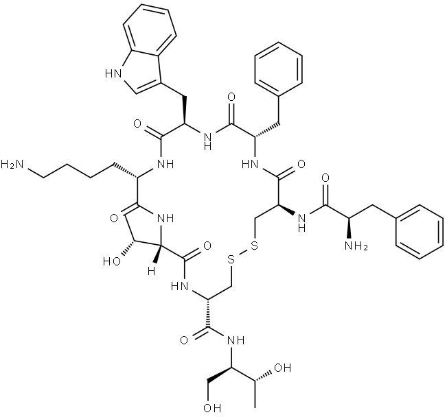 D-Cysteinamide, D-phenylalanyl-L-cysteinyl-L-phenylalanyl-D-tryptophyl-L-lysyl-L-threonyl-N-[(1R,2R)-2-hydroxy-1-(hydroxymethyl)propyl]-, cyclic (2→7)-disulfide Struktur