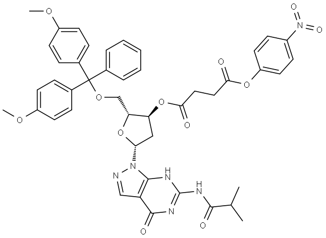 N2-iso-Butyroyl-2'-deoxy-5'-O-(4,4'-dimethoxytrityl)-guanosine-3'-(4-nitrophenoxyl)butanedioate Struktur