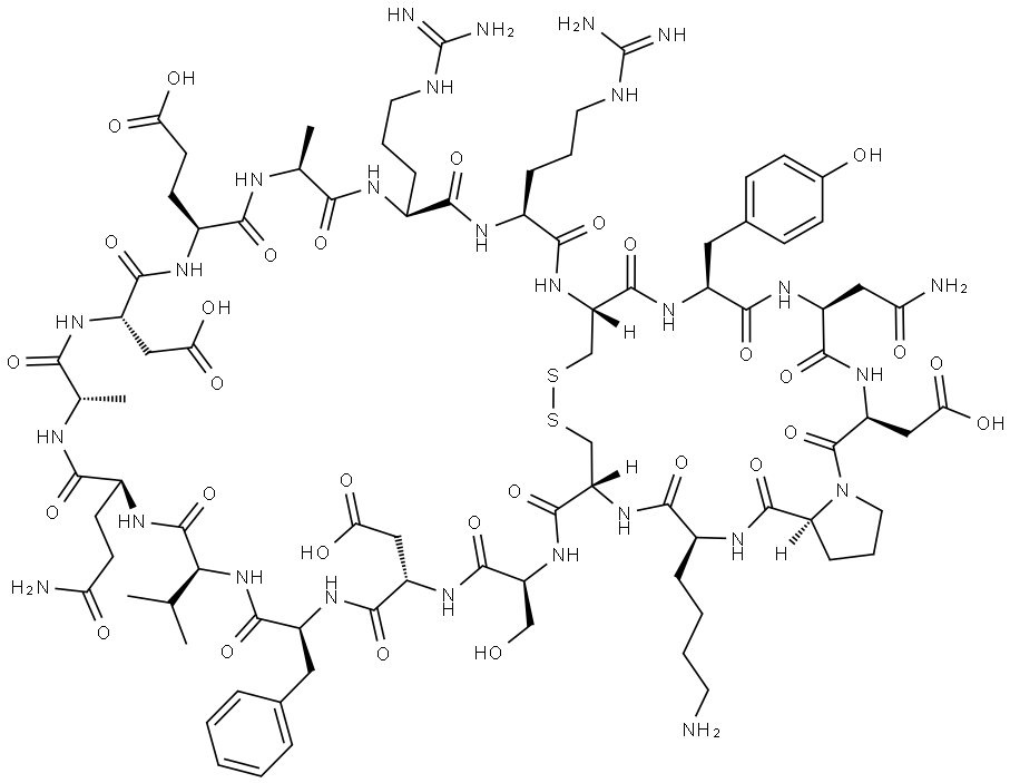 Cyclo(L-alanyl-L-arginyl-L-arginyl-L-cysteinyl-L-tyrosyl-L-asparaginyl-L-α-aspartyl-L-prolyl-L-lysyl-L-cysteinyl-L-seryl-L-α-aspartyl-L-phenylalanyl-L-valyl-L-glutaminyl-L-alanyl-L-α-aspartyl-L-α-glutamyl), cyclic (4→10)-disulfide Struktur