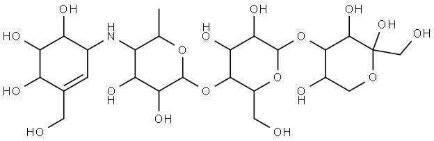 α-D-Fructopyranose, O-4,6-dideoxy-4-[[4,5,6-trihydroxy-3-(hydroxymethyl)-2-cyclohexen-1-yl]amino]-α-D-glucopyranosyl-(1→4)-O-α-D-glucopyranosyl-(1→4)-, [1S-(1α,4α,5β,6α)]- (9CI) Struktur