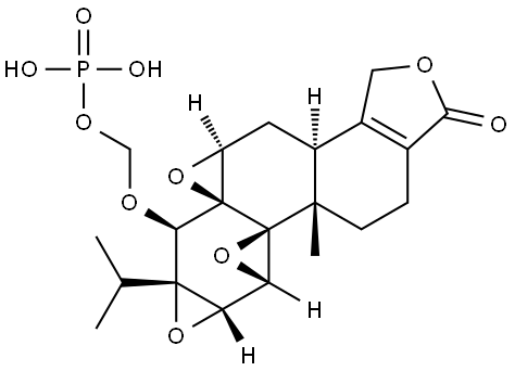 Trisoxireno[4b,5:6,7:8a,9]phenanthro[1,2-c]furan-1(3H)-one, 3b,4,4a,6,6a,7a,7b,8b,9,10-decahydro-8b-methyl-6a-(1-methylethyl)-6-[(phosphonooxy)methoxy]-, (3bS,4aS,5aR,6R,6aS,7aS,7bS,8aS,8bS)- Struktur