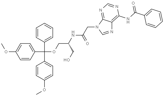 N-(9-({[(2R)-1-(bis(4-methoxyphenyl)(phenyl)methoxy)-3-hydroxypropan-2-yl]carbamoyl}methyl)-9H-purin-6-yl)benzamide Struktur