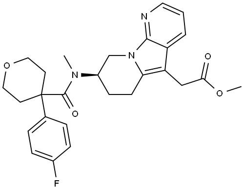 methyl (R)-2-(8-(4-(4-fluorophenyl)-N-methyltetrahydro-2H-pyran-4-carboxamido)-6,7,8,9-tetrahydropyrido[3,2-b]indolizin-5-yl)acetate Struktur