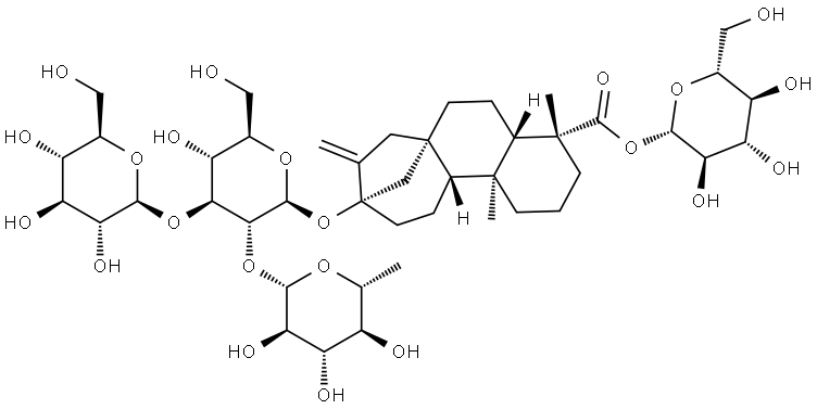 Stevia impurity (13-[(2-O-6-deoxy-β-D-glucopyranosyl-3-O-β-D-glucopyranosyl-β-D-glucopyranosyl)oxy]ent-kaur-16-en-19-oic acid β-D-glucopyranosyl ester) Struktur