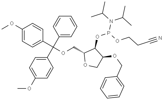 D-Ribitol, 1,4-anhydro-5-O-[bis(4-methoxyphenyl)phenylmethyl]-2-O-(phenylmethyl)-, 3-[2-cyanoethyl N,N-bis(1-methylethyl)phosphoramidite] Struktur