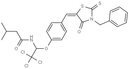 N-(1-{4-[(E)-(3-BENZYL-4-OXO-2-THIOXO-1,3-THIAZOLIDIN-5-YLIDENE)METHYL]PHENOXY}-2,2,2-TRICHLOROETHYL)-3-METHYLBUTANAMIDE Struktur