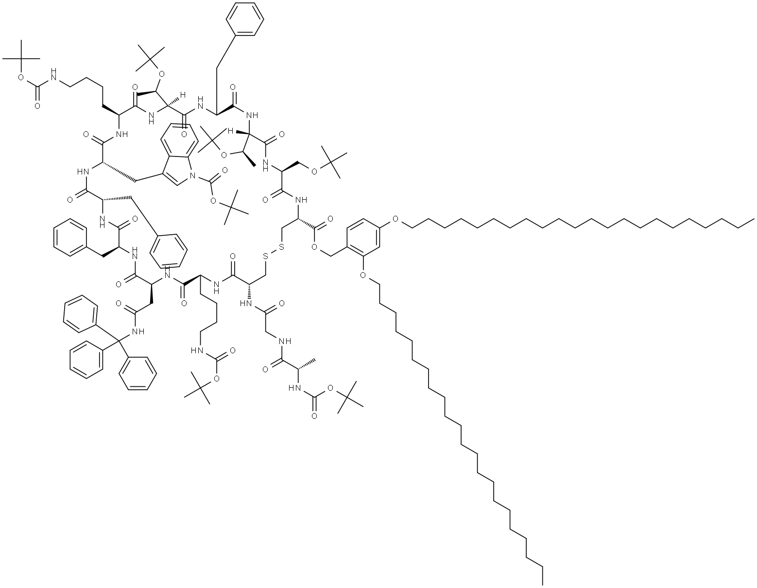 L-Cysteine, N-[(1,1-dimethylethoxy)carbonyl]-L-alanylglycyl-L-cysteinyl-N6-[(1,1-dimethylethoxy)carbonyl]-L-lysyl-N-(triphenylmethyl)-L-asparaginyl-L-phenylalanyl-L-phenylalanyl-1-[(1,1-dimethylethoxy)carbonyl]-L-tryptophyl-N6-[(1,1-dimethylethoxy)carbonyl]-L-lysyl-O-(1,1-dimethylethyl)-L-threonyl-L-phenylalanyl-O-(1,1-dimethylethyl)-L-threonyl-O-(1,1-dimethylethyl)-L-seryl-, [3,4,5-tris(octadecyloxy)phenyl]methyl ester, cyclic (3→14)-disulfide Struktur