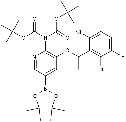 Imidodicarbonic acid, 2-[3-[1-(2,6-dichloro-3-fluorophenyl)ethoxy]-5-(4,4,5,5-tetramethyl-1,3,2-dioxaborolan-2-yl)-2-pyridinyl]-, 1,3-bis(1,1-dimethylethyl) ester Struktur