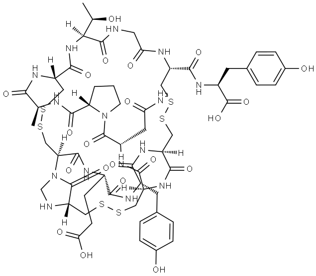 L-Tyrosine, N-[(2R)-3-mercapto-2-[(4R)-4-(mercaptomethyl)-5-oxo-1-imidazolidinyl]-1-oxopropyl]-L-α-glutamyl-L-tyrosyl-L-cysteinyl-L-cysteinyl-L-asparaginyl-L-prolyl-L-alanyl-L-cysteinyl-L-threonylglycyl-L-cysteinyl-, cyclic (12→4),(13→8),(3→11)-tris(disulfide) Struktur