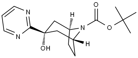 tert-butyl 3-endo-3-hydroxy-3-(pyrimidin-2-yl)-8-azabicyclo[3.2.1]octane-8-carboxylate Struktur