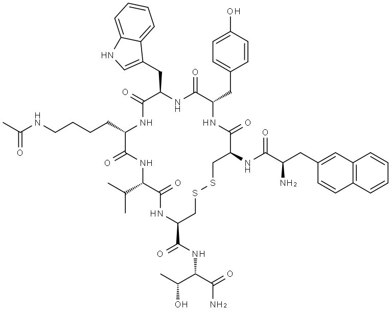 L-Threoninamide, 3-(2-naphthalenyl)-D-alanyl-L-cysteinyl-L-tyrosyl-D-tryptophyl-N6-acetyl-L-lysyl-L-valyl-L-cysteinyl-, cyclic (2→7)-disulfide Struktur