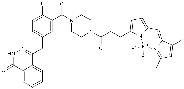 (T-4)-[4-[[3-[[4-[3-[5-[(3,5-Dimethyl-2H-pyrrol-2-ylidene-κN)methyl]-1H-pyrrol-2-yl-κN-1-oxopropyl]-1-piperazinyl]carbonyl]-4-fluorophenyl]methyl]-1(2H)-phthalazinonato]difluoroboron Struktur