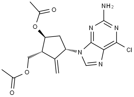 Cyclopentanemethanol, 5-(acetyloxy)-3-(2-amino-6-chloro-9H-purin-9-yl)-2-methylene-, 1-acetate, (1R,3S,5S)- Struktur