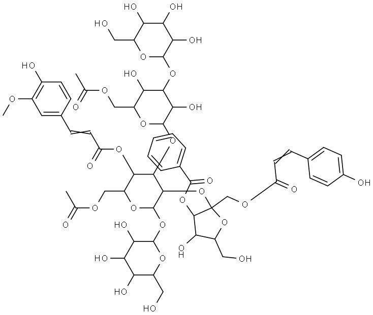 α-D-Glucopyranoside, 3-O-benzoyl-1-O-[3-(4-hydroxyphenyl)-1-oxo-2-propen-1-yl]-β-D-fructofuranosyl O-β-D-glucopyranosyl-(1→3)-6-O-acetyl-β-D-glucopyranosyl-(1→3)-O-[β-D-glucopyranosyl-(1→2)]-, 6-acetate 4-[3-(4-hydroxy-3-methoxyphenyl)-2-propenoate] Struktur