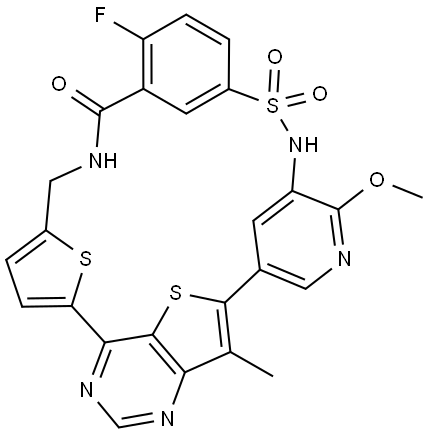 19H-22,25-Epithio-4,6:7,11:14,18-trimetheno-12H-pyrimido[5,4-j][1,9,2,5,17]dithiatriazacyclotricosin-19-one, 17-fluoro-20,21-dihydro-10-methoxy-29-methyl-, 13,13-dioxide Struktur