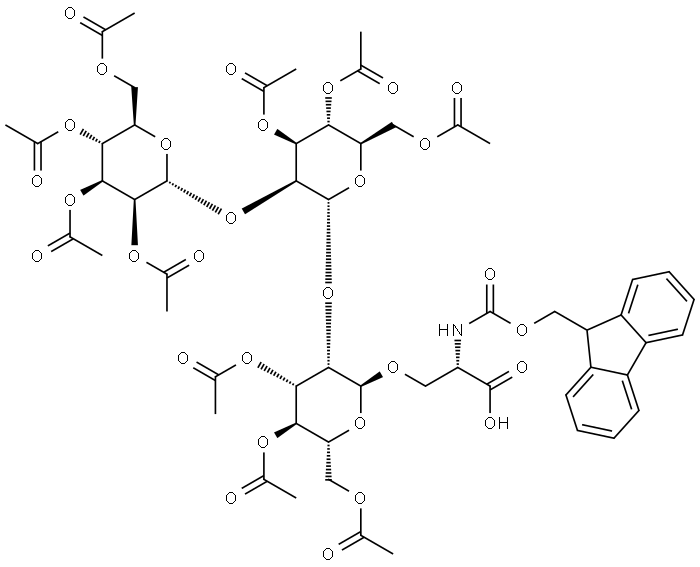 L-Serine, N-[(9H-fluoren-9-ylmethoxy)carbonyl]-O-(O-2,3,4,6-tetra-O-acetyl-α-D-mannopyranosyl-(1→2)-O-3,4,6-tri-O-acetyl-α-D-mannopyranosyl-(1→2)-3,4,6-tri-O-acetyl-α-D-mannopyranosyl)- Struktur