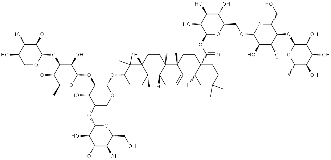 Olean-12-en-28-oic acid, 3-[(O-β-D-xylopyranosyl-(1→3)-O-6-deoxy-α-L-mannopyranosyl-(1→2)-O-[β-D-glucopyranosyl-(1→4)]-α-L-arabinopyranosyl)oxy]-, O-6-deoxy-α-L-mannopyranosyl-(1→4)-O-β-D-glucopyranosyl-(1→6)-β-D-glucopyranosyl ester, (3β)-