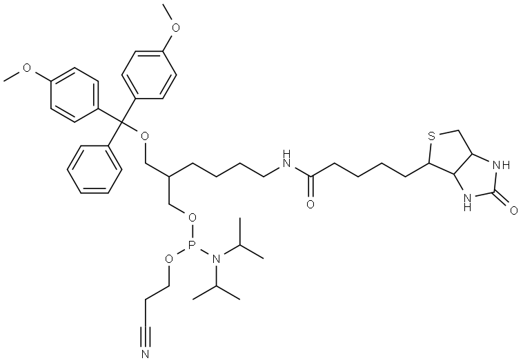 Phosphoramidous acid, bis(1-methylethyl)-, 2-[[bis(4-methoxyphenyl)phenylmethoxy]methyl]-6-[[5-(hexahydro-2-oxo-1H-thieno[3,4-d]imidazol-5-yl)-1-oxopentyl]amino]hexyl 2-cyanoethyl ester (9CI) Struktur