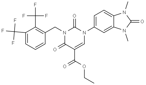 ethyl 3-(2,3-bis(trifluoromethyl)benzyl)-1-(1,3-dimethyl-2-oxo-2,3-dihydro-1H-benzo[d]imidazol-5-yl)-2,4-dioxo-1,2,3,4-tetrahydropyrimidine-5-carboxylate Struktur