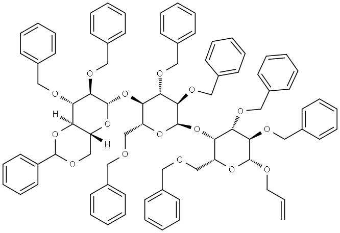 2-Propenyl O-2,3-Bis-O-(phenylmethyl)-4,6-O-(phenylmethylene)-β-D-glucopyranosyl-(1→4)-O-2,3,6-tris-O-(phenylmethyl)-α-D-glucopyranosyl-(1→4)-2,3,6-tris-O-(phenylmethyl)-β-D-galactopyranoside Struktur