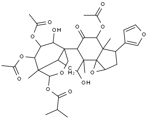 24-Norchola-20,22-diene-4-carboxaldehyde, 2,3,12-tris(acetyloxy)-14,15:21,23-diepoxy-1,7,19-trihydroxy-4,8-dimethyl-11-oxo-, cyclic 4,19-[2-methyl-1-oxopropyl (S)-acetal], (1α,2α,3α,4β,5α,7α,12α,13α,14β,15β,17α)- Struktur