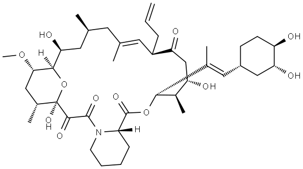 15,19-Epoxy-3H-pyrido[2,1-c][1,4]oxaazacyclotricosine-1,7,20,21(4H,23H)-tetrone, 3-[(1E)-2-[(1R,3R,4R)-3,4-dihydroxycyclohexyl]-1-methylethenyl]-5,6,8,11,12,13,14,15,16,17,18,19,24,25,26,26a-hexadecahydro-5,14,19-trihydroxy-16-methoxy-4,10,12,18-tetramethyl-8-(2-propenyl)-, (3S,4R,5S,8R,9E,12S,14S,15R,16S,18R,19R,26aS)- Struktur