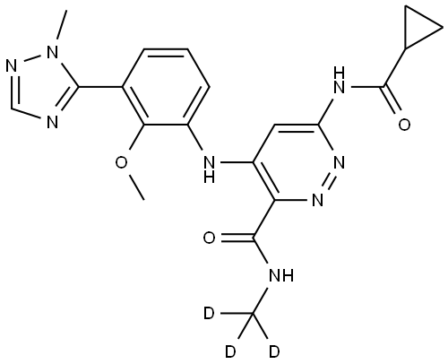 6-(cyclopropanecarboxamido)-4-((2-methoxy-3-(1-methyl-1H-1,2,4-triazol-5-yl)phenyl)amino)-N-(methyl-d3)pyridazine-3-carboxamide Struktur