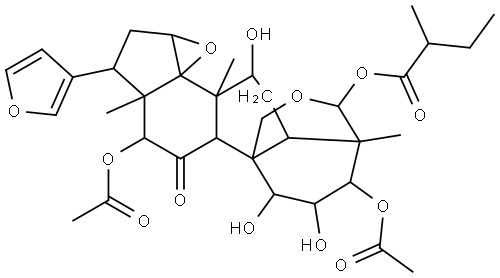 24-Norchola-20,22-diene-4-carboxaldehyde, 3,12-bis(acetyloxy)-14,15:21,23-diepoxy-1,2,7,19-tetrahydroxy-4,8-dimethyl-11-oxo-, cyclic 4,19-(2-methyl-1-oxobutyl acetal), (1α,2α,3α,4β,5α,7α,12α,13α,14β,15β,17α)- (9CI) Struktur