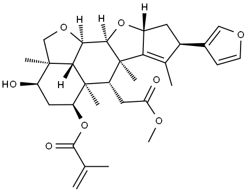 2H,3H-Cyclopenta[d']naphtho[1,8-bc:2,3-b']difuran-6-acetic acid, 8-(3-furanyl)-2a,4,5,5a,6,6a,8,9,9a,10a,10b,10c-dodecahydro-3-hydroxy-2a,5a,6a,7-tetramethyl-5-[(2-methyl-1-oxo-2-propen-1-yl)oxy]-, methyl ester, (2aR,3R,5S,5aR,6R,6aR,8R,9aR,10aS,10bR,10cR)- Struktur