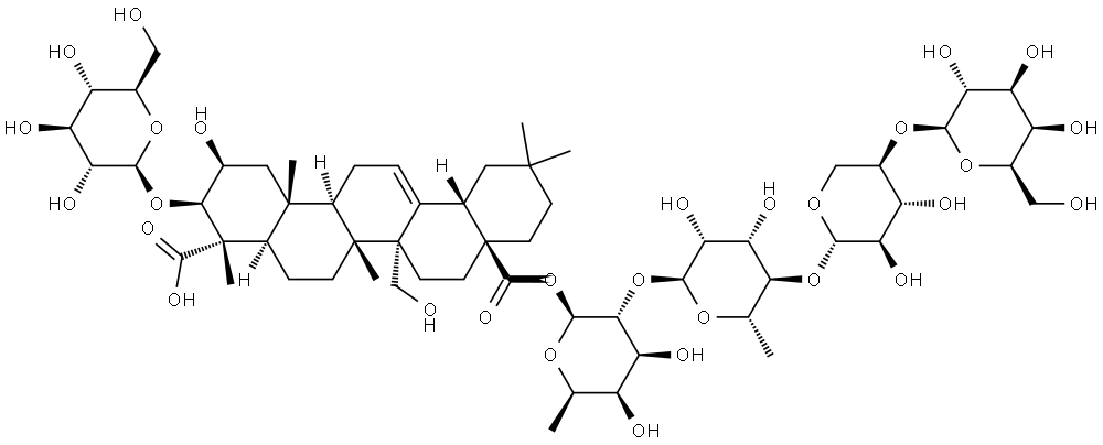 Olean-12-ene-23,28-dioic acid, 3-(β-D-glucopyranosyloxy)-2,27-dihydroxy-, 28-(O-β-D-galactopyranosyl-(1→4)-O-β-D-xylopyranosyl-(1→4)-O-6-deoxy-α-L-mannopyranosyl-(1→2)-6-deoxy-β-D-galactopyranosyl) ester, (2β,3β,4α)- Struktur