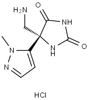 (S)-5-(aminomethyl)-5-(1-methyl-1H-pyrazol-5-yl)imidazolidine-2,4-dione hydrochloride Struktur