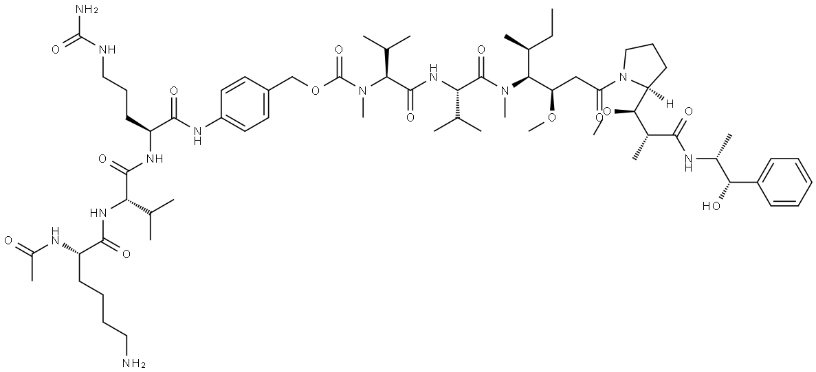 L-Valinamide, N-[[[4-[[N2-acetyl-L-lysyl-L-valyl-N5-(aminocarbonyl)-L-ornithyl]amino]phenyl]methoxy]carbonyl]-N-methyl-L-valyl-N-[(1S,2R)-4-[(2S)-2-[(1R,2R)-3-[[(1R,2S)-2-hydroxy-1-methyl-2-phenylethyl]amino]-1-methoxy-2-methyl-3-oxopropyl]-1-pyrrolidinyl]-2-methoxy-1-[(1S)-1-methylpropyl]-4-oxobuty... Struktur