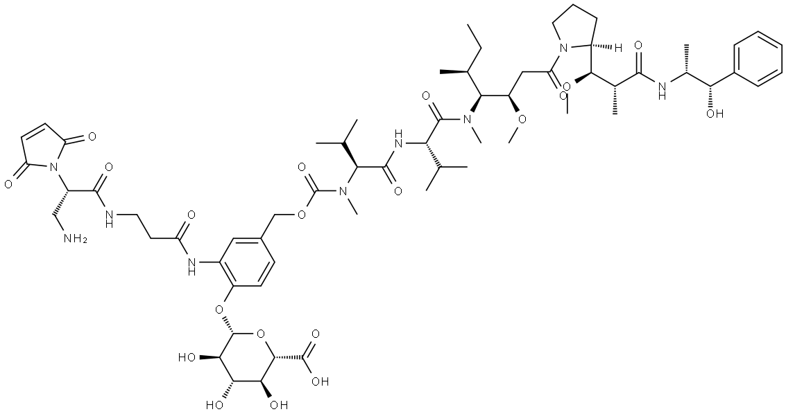 L-Valinamide, N-[[[3-[[(2S)-2-(2,5-dihydro-2,5-dioxo-1H-pyrrol-1-yl)-β-alanyl-β-alanyl]amino]-4-(β-D-glucopyranuronosyloxy)phenyl]methoxy]carbonyl]-N-methyl-L-valyl-N-[(1S,2R)-4-[(2S)-2-[(1R,2R)-3-[[(1R,2S)-2-hydroxy-1-methyl-2-phenylethyl]amino]-1-methoxy-2-methyl-3-oxopropyl]-1-pyrrolidinyl]-2-met... Struktur