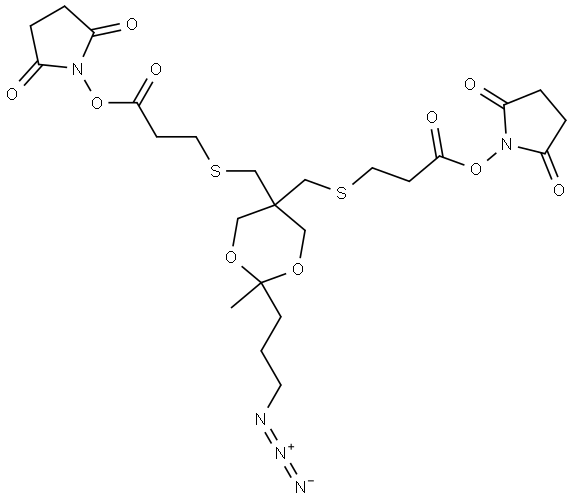 bis(2,5-dioxopyrrolidin-1-yl) 3,3'-(((2-(3-azidopropyl)-2-methyl-1,3-dioxane-5,5-diyl)bis(methylene))bis(sulfanediyl))dipropionate Struktur