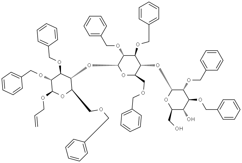 2-Propenyl O-2,3-Bis-O-(phenylmethyl)-α-D-glucopyranosyl-(1→4)-O-2,3,6-tris-O-(phenylmethyl)-α-D-glucopyranosyl-(1→4)-2,3,6-tris-O-(phenylmethyl)-β-D-glucopyranoside Struktur