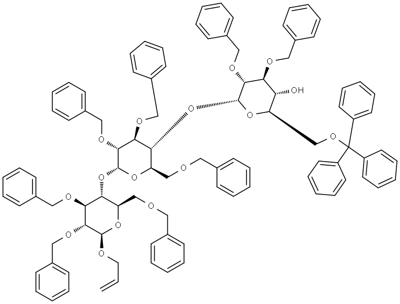 2-Propenyl O-2,3-Bis-O-(phenylmethyl)-6-O-(triphenylmethyl)-α-D-glucopyranosyl-(1→4)-O-2,3,6-tris-O-(phenylmethyl)-α-D-glucopyranosyl-(1→4)-2,3,6-tris-O-(phenylmethyl)-β-D-glucopyranoside Struktur