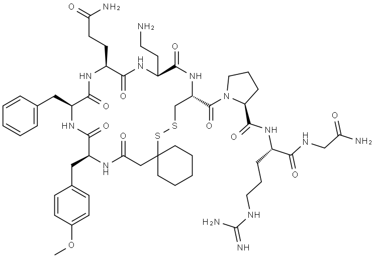 Glycinamide, N-[(1-mercaptocyclohexyl)acetyl]-O-methyl-L-tyrosyl-L-phenylalanyl-L-glutaminyl-(2S)-2,4-diaminobutanoyl-L-cysteinyl-L-prolyl-L-arginyl-, cyclic (1→5)-disulfide (9CI) Struktur